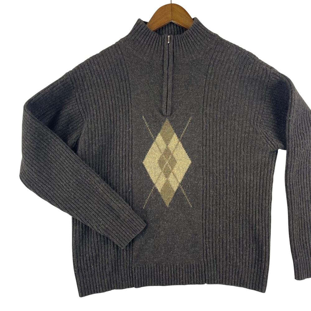 Basic Elements Mens 1/4 Zip Mock Neck Lambswool Argyle Sweater SZ M Charcoal